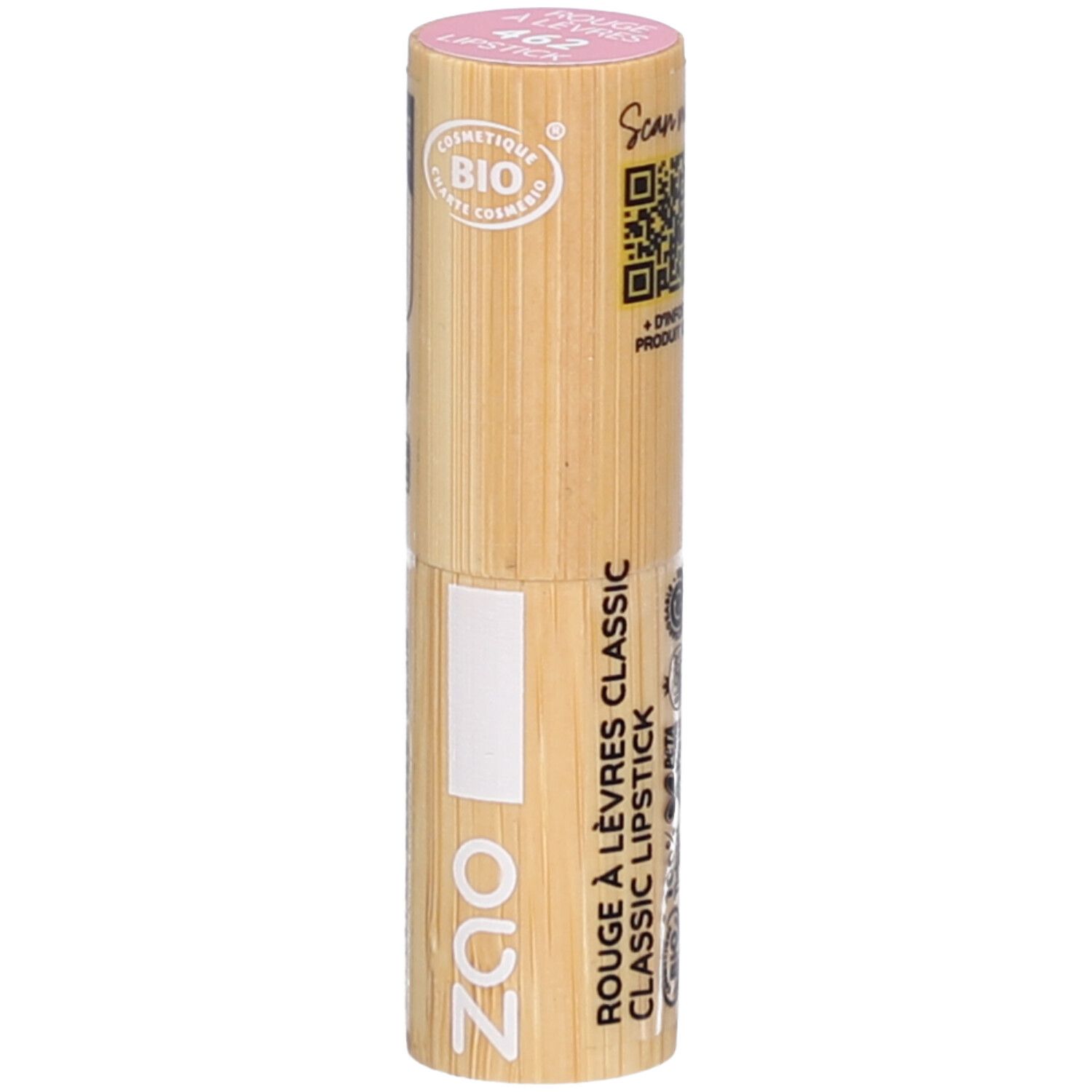 Rouge à lèvres ZAO, rose et bambou. Inscription: Rouge à lèvres classic. Code QR.