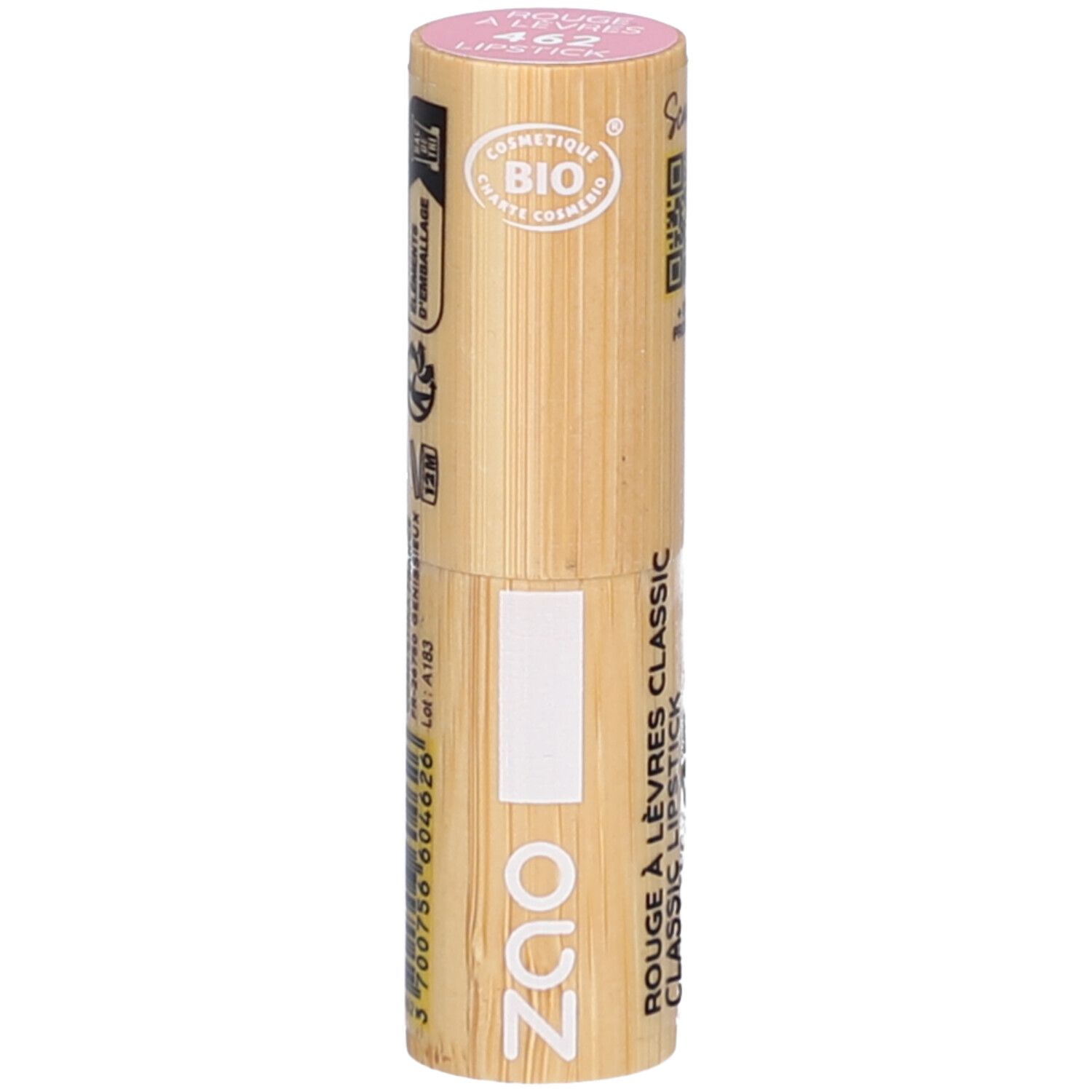 Rouge à lèvres ZAO, rose et bambou. Inscription: Rouge à lèvres classic. Certifications: Bio.