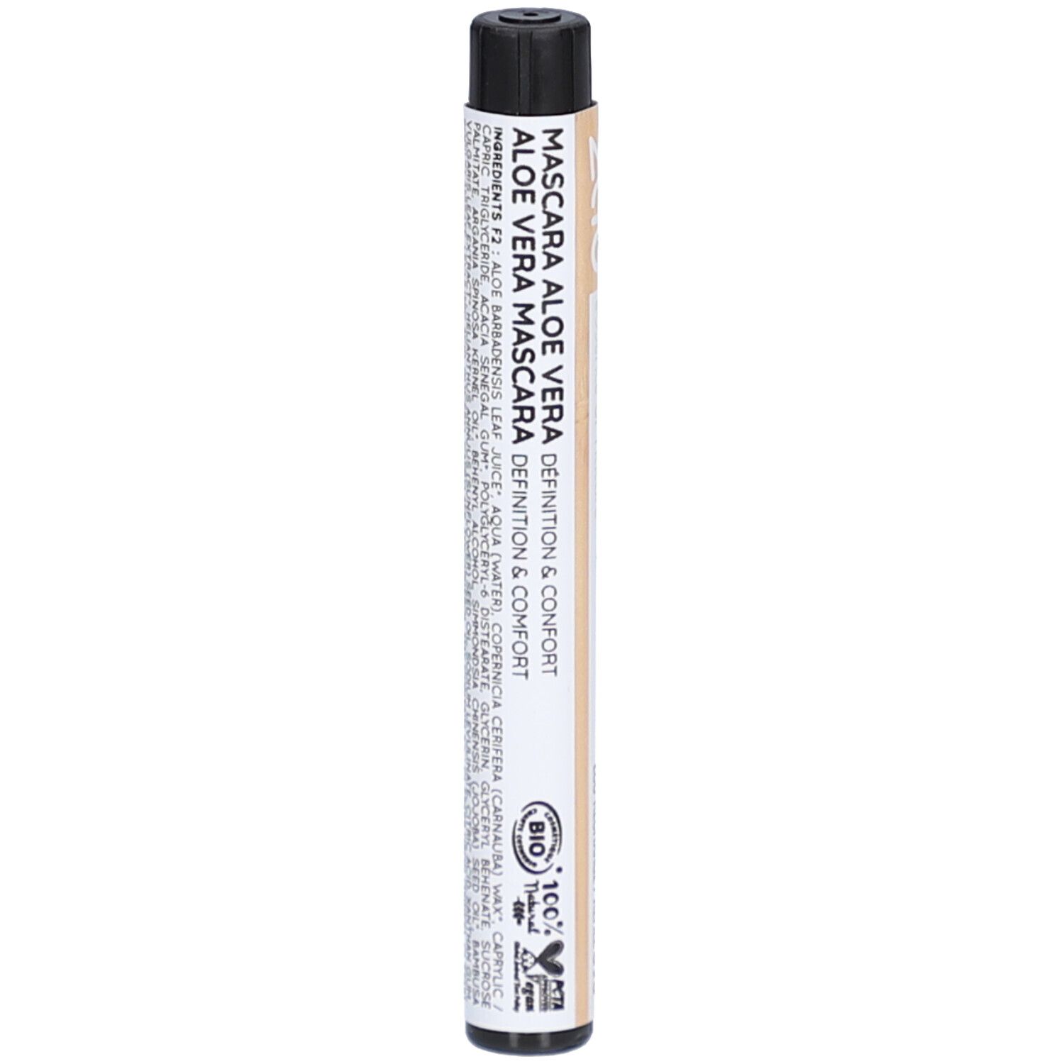 Tube de mascara noir avec texte. Inscription: Mascara Aloe Vera, Definition & Comfort. Certification bio et logo PETA.