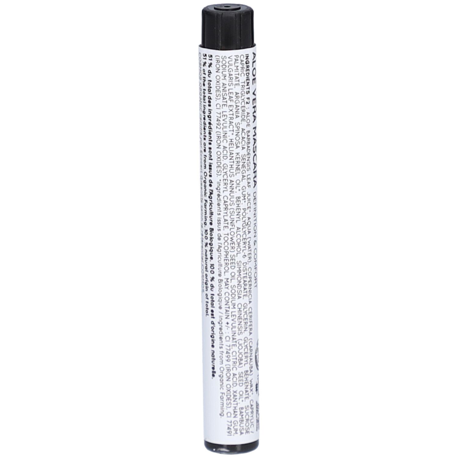Tube de mascara noir avec texte. Ingrédients listés. Certification bio et logo PETA.