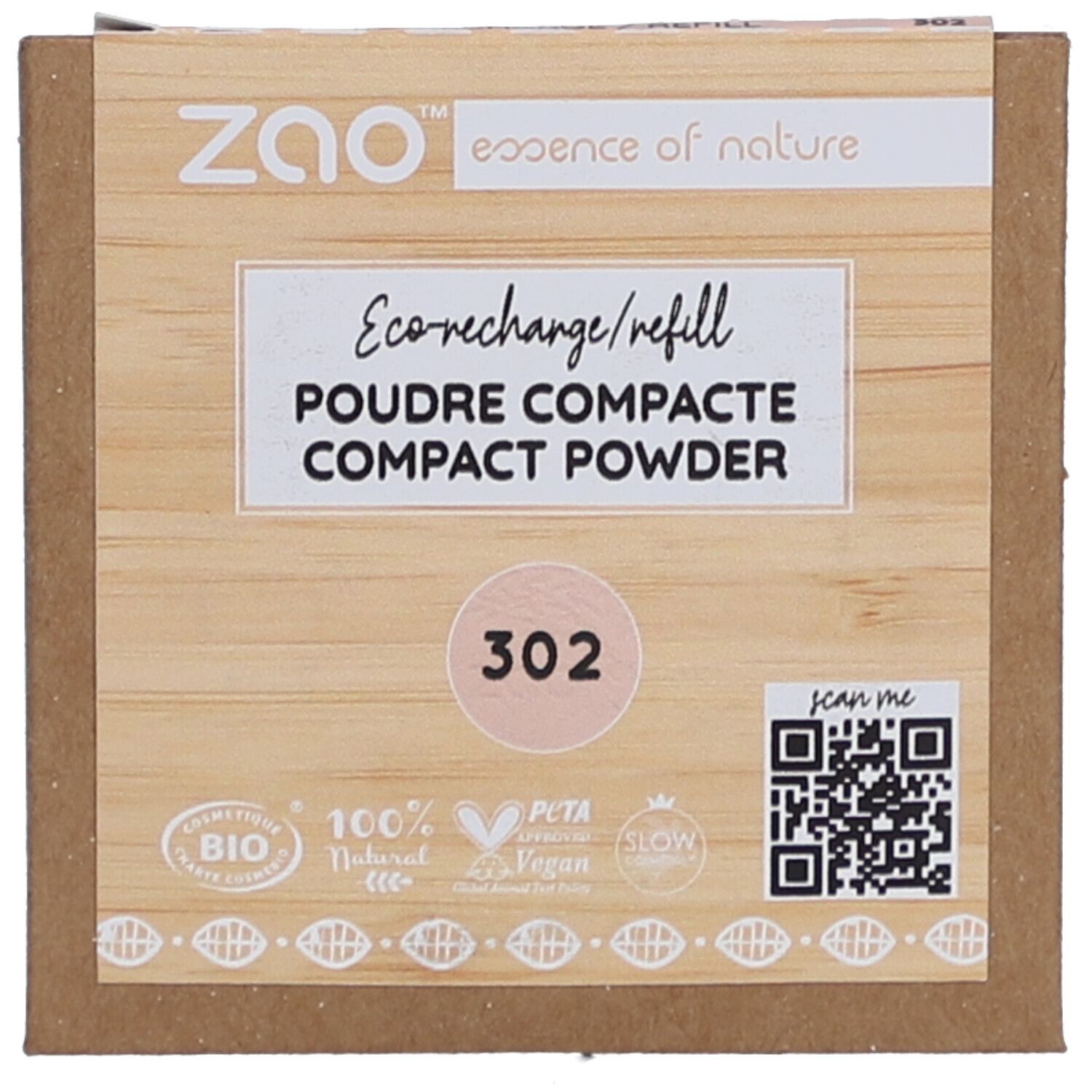 Recharge de poudre compacte dans un emballage en carton. En haut : marque ZAO, inscription "Eco-recharge/refill". En bas : numéro de couleur 302.