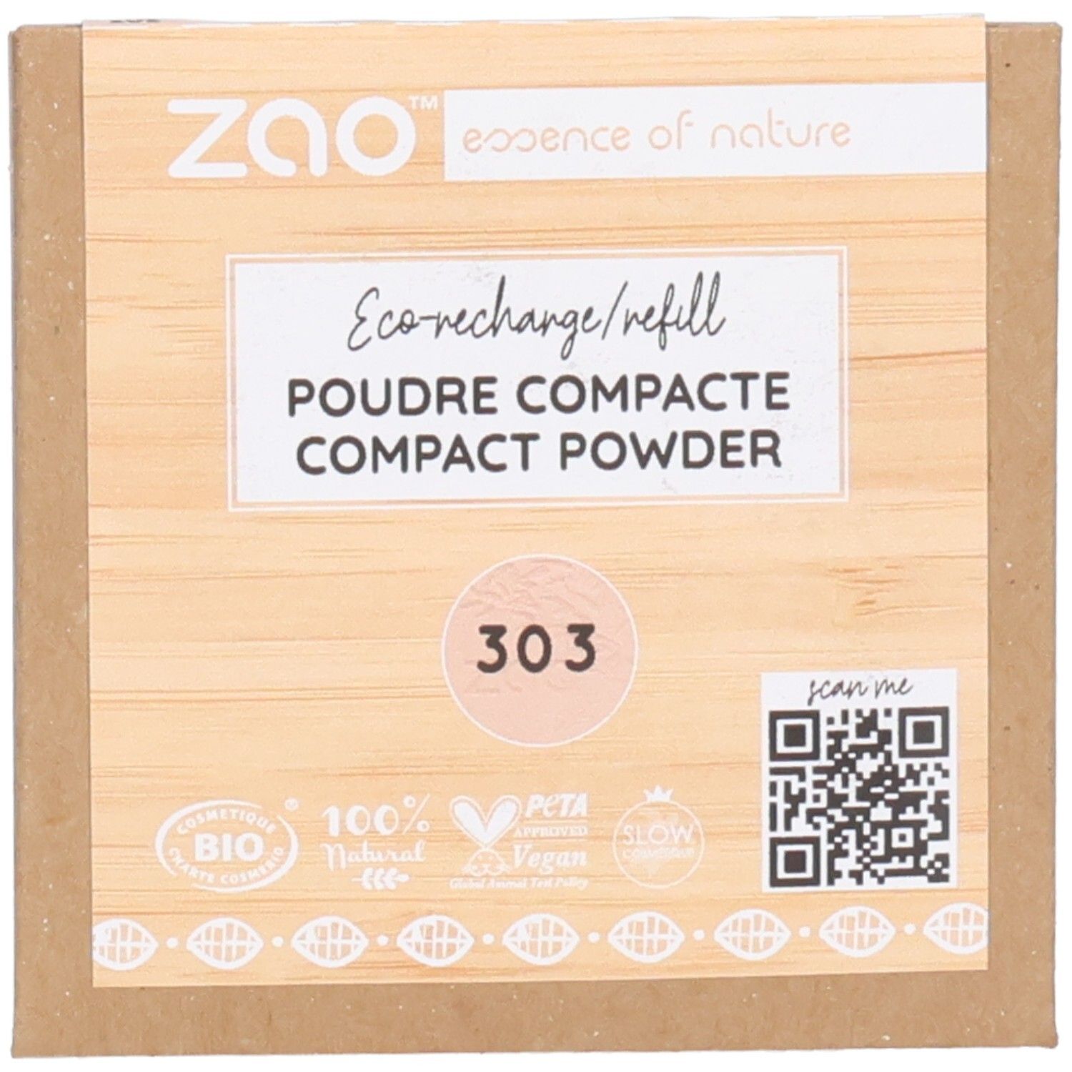 Recharge de poudre compacte ZAO, emballage carton. Inscription: Eco-recharge, Poudre compacte, 303. Logos bio et QR code.