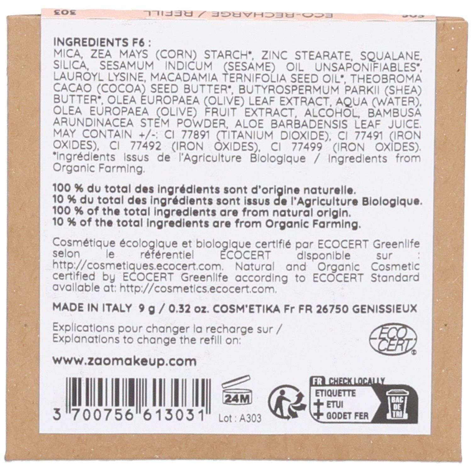 Dos de la recharge de poudre compacte. Liste des ingrédients, texte: Made in Italy, 9 g, logo ECOCERT, symbole 24M, symbole recyclage.