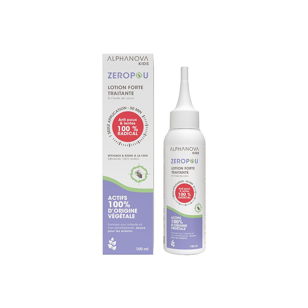 Flacon blanc avec applicateur et boîte. Inscription : ZEROPOU, Lotion forte traitante. 100% radical.