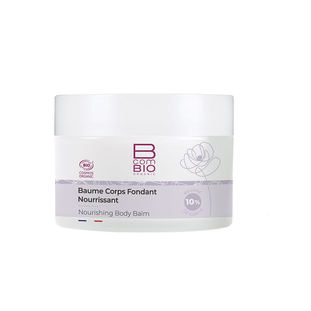 Pot blanc avec couvercle. Inscription: B COM BIO, Baume Corps Fondant Nourrissant, Nourishing Body Balm. Label bio.
