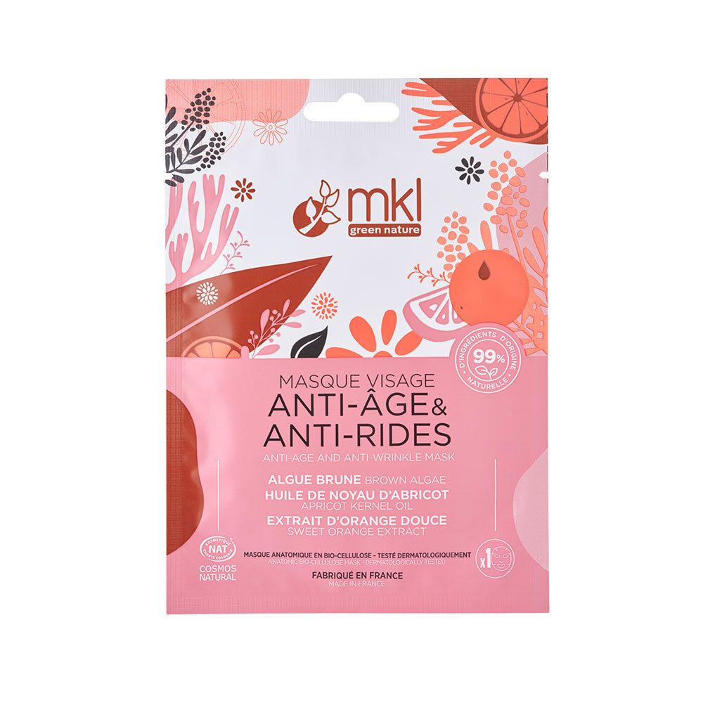 Sachet rose de masque visage. Logo « mkl green nature » en haut. Texte : Masque visage anti-âge & anti-rides. Ingrédients : algues, huile d'abricot, extrait d'orange.