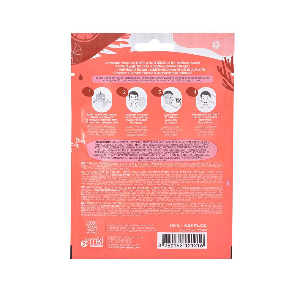 Dos du sachet de masque facial. Illustrations et texte. Ingrédients et instructions. Logo « mkl green nature » en bas à gauche. Code-barres et indication de volume.