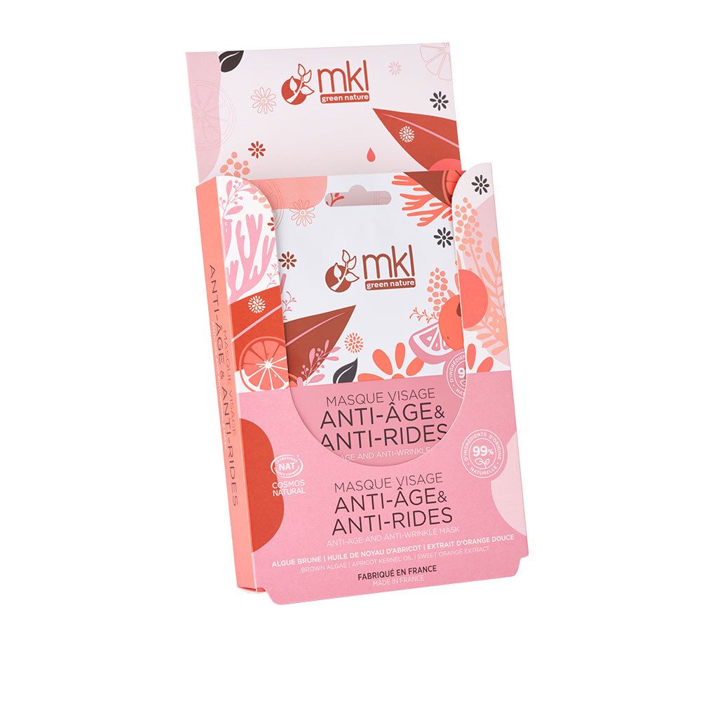 Boîte présentoir de masques faciaux. Rose et blanc. Logo « mkl green nature ». Plusieurs paquets de masques visibles. Texte : Masque visage anti-âge & anti-rides.