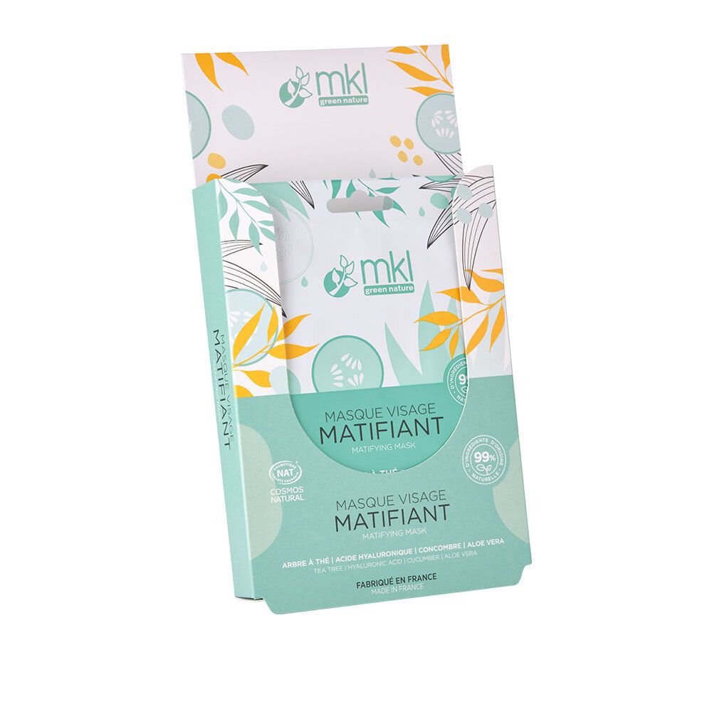 Présentoir de masques faciaux. Marque mkl green nature. Texte: Masque visage matifiant. Certifié Cosmos Natural. Emballage avec ouverture.