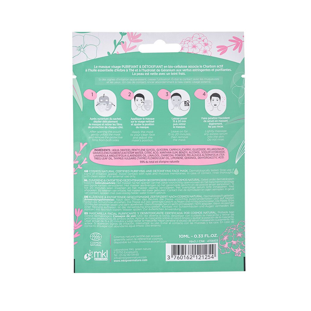 Dos du sachet de masque visage. Instructions et ingrédients. Marque MKL. Texte: 10ml - 0.33 fl oz.