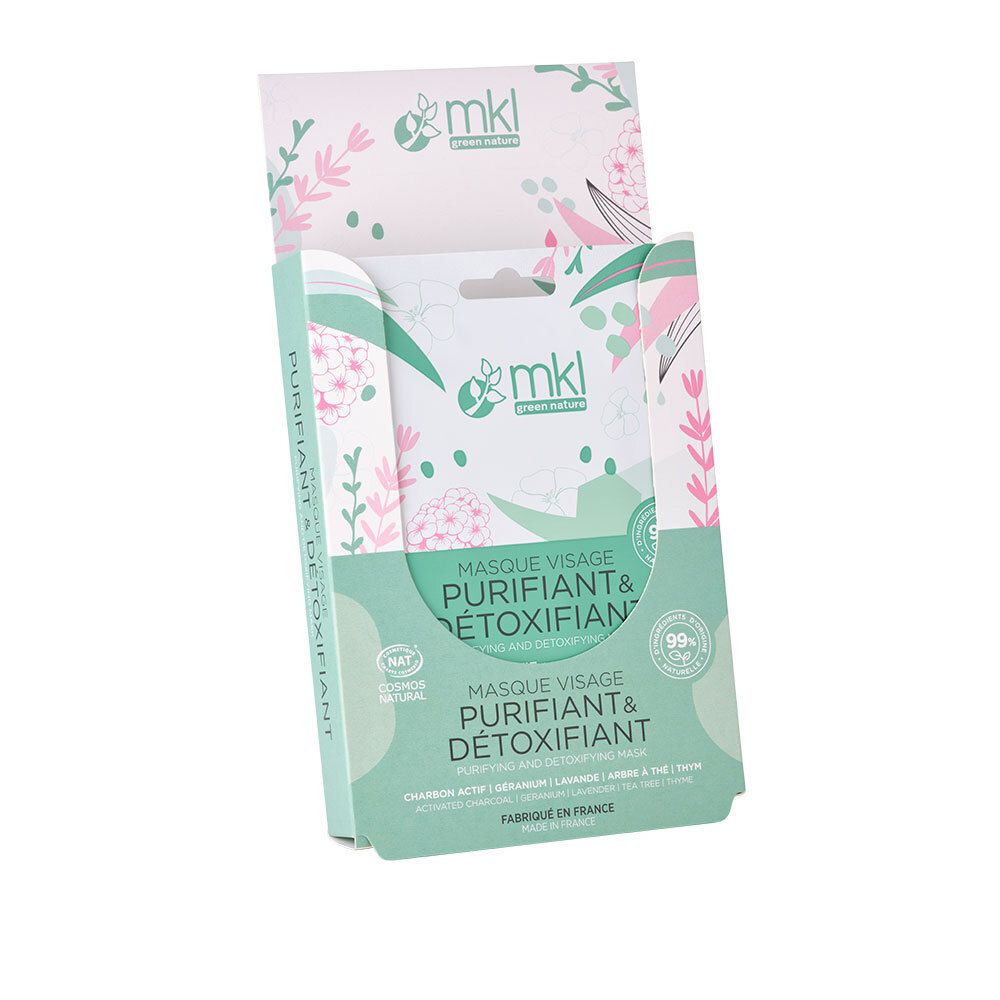 Masques visage dans un présentoir. Inscription: Masque Visage Purifiant & Détoxifiant. Marque MKL.