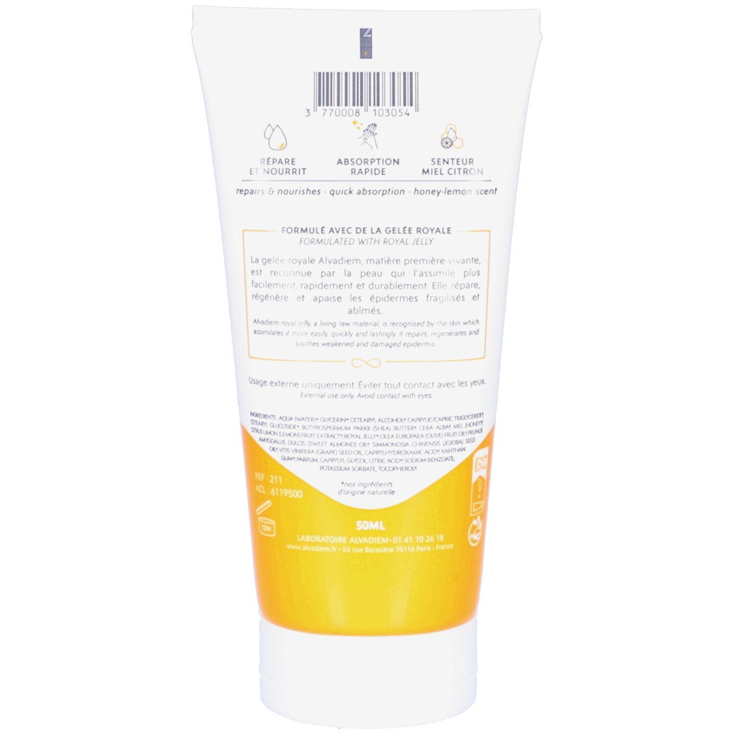 Dos du tube de crème. Texte: Répare, nourrit, absorption rapide, senteur miel citron. Formule à la gelée royale. 50ml.