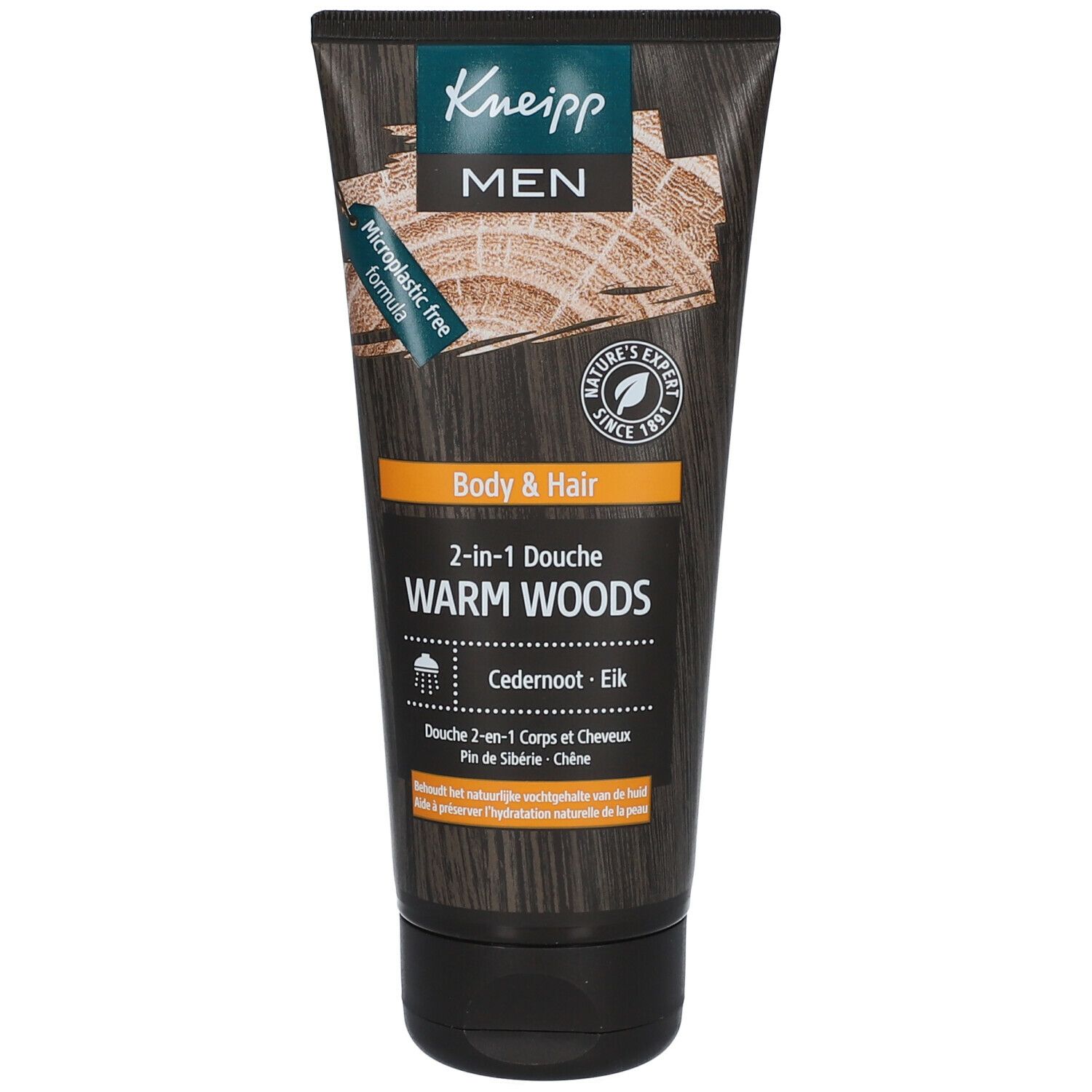 Tube noir Kneipp MEN 2-en-1 douche. Aspect bois. Inscription: Body & Hair, Warm Woods, Cederenoot - Eik. Logo et texte.