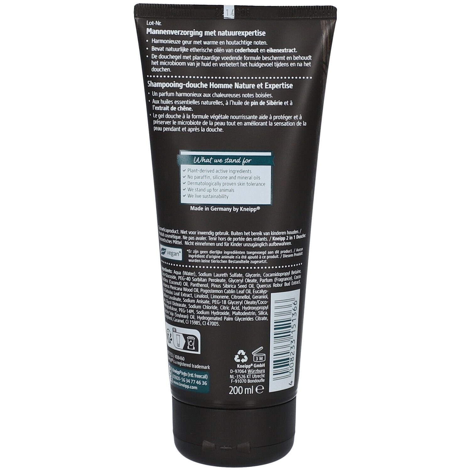 Dos du tube de gel douche Kneipp MEN. Fond noir. Texte multilingue. Ingrédients et informations fabricant.