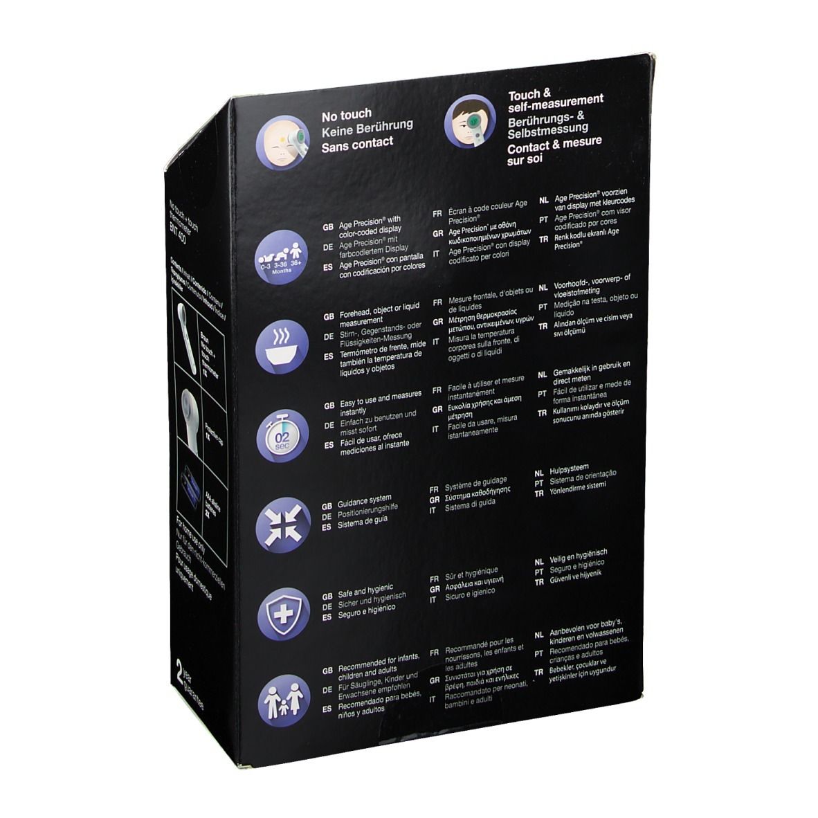 Emballage du thermomètre Braun. Dos avec texte. Informations sur les fonctions, telles que la prise de température et l'hygiène.