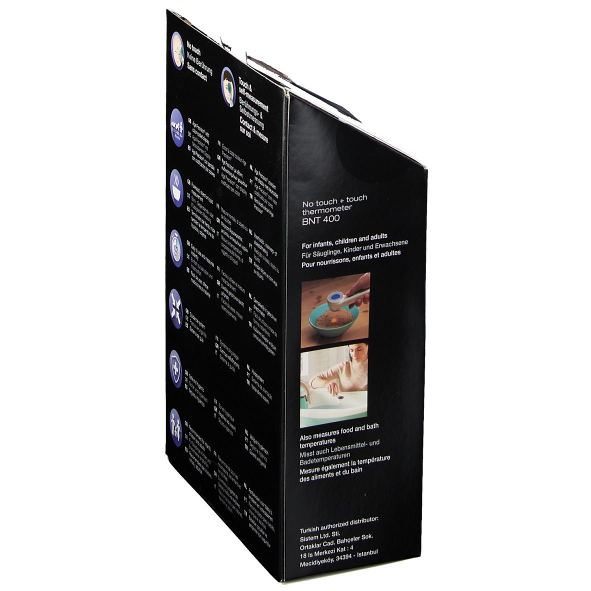 Emballage du thermomètre Braun. Vue latérale avec texte. Informations pour nourrissons, enfants et adultes.