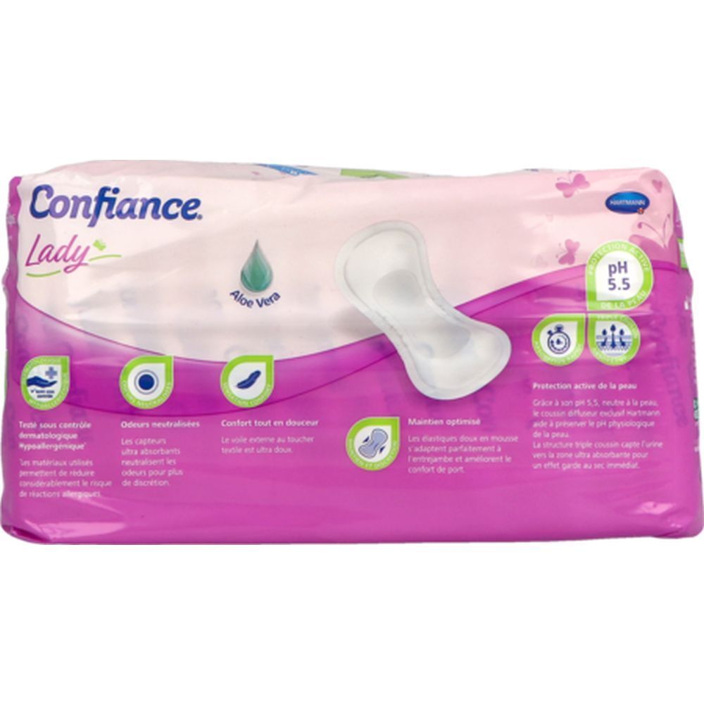 Paquet de protections anatomiques Confiace Lady. Rose et blanc. Aloe Vera et pH 5.5. Informations produit.