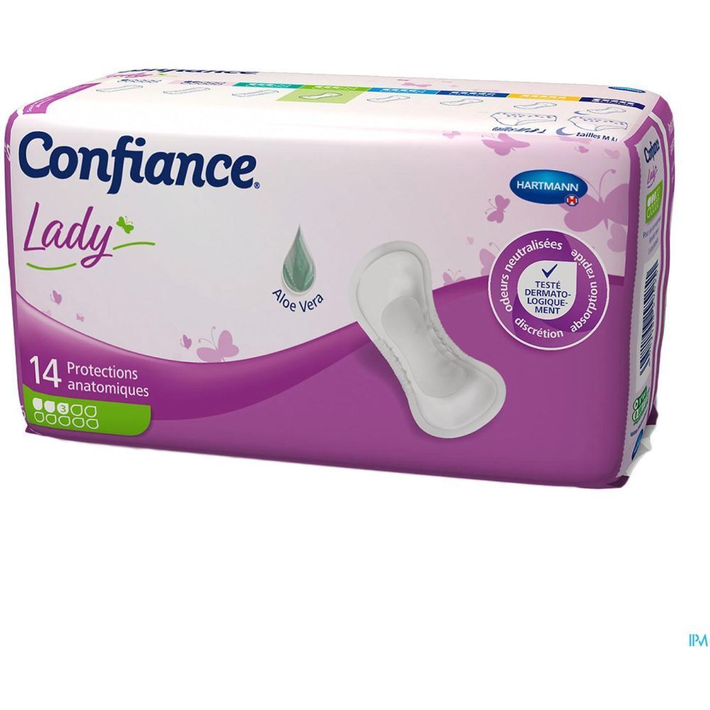 Paquet de 14 protections anatomiques Confiace Lady. Rose et blanc. Logo et certification. Absorption 3 gouttes.