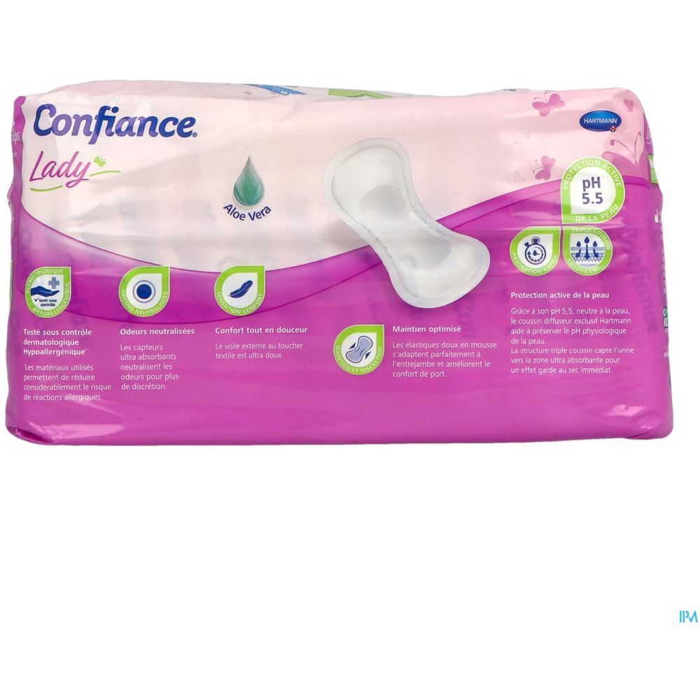 Paquet de protections anatomiques Confiace Lady. Rose et blanc. Aloe Vera et pH 5.5. Informations produit.