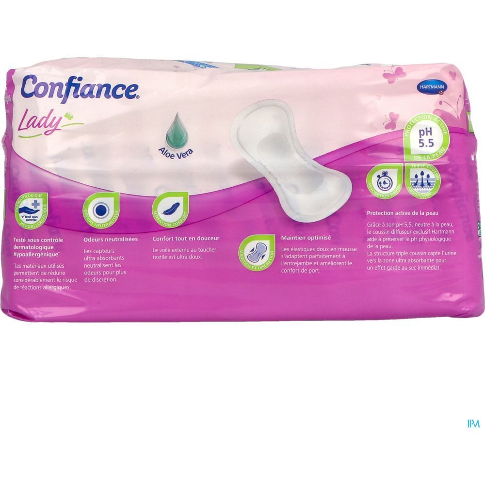 Paquet de protections anatomiques Confiace Lady. Rose et blanc. Aloe Vera et pH 5.5. Informations produit.