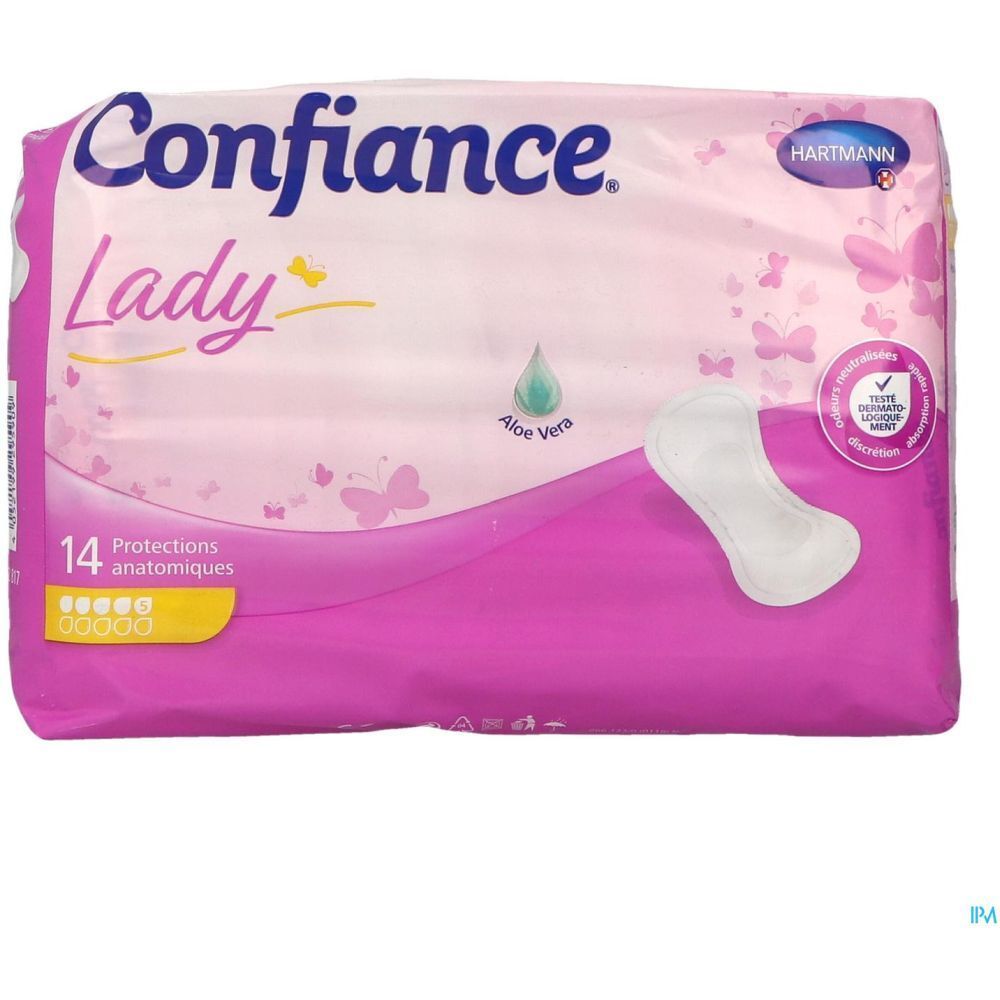 Paquet de protections Confiance Lady. 14 pièces. Avec Aloe Vera. Design rose et blanc. Marque Hartmann. Certification.