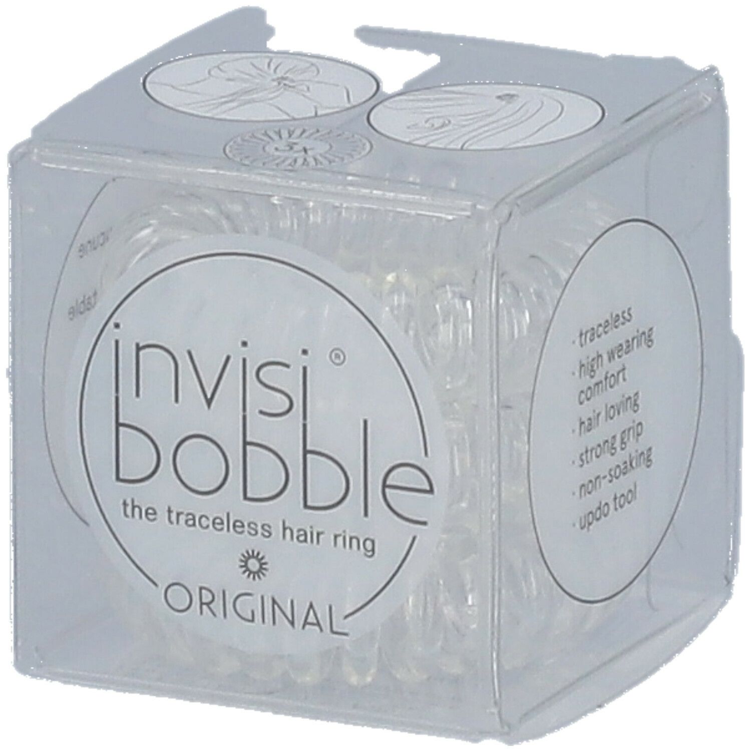 Élastiques à cheveux clairs en spirale dans un emballage cubique transparent. Le nom "invisibobble® ORIGINAL" est visible.