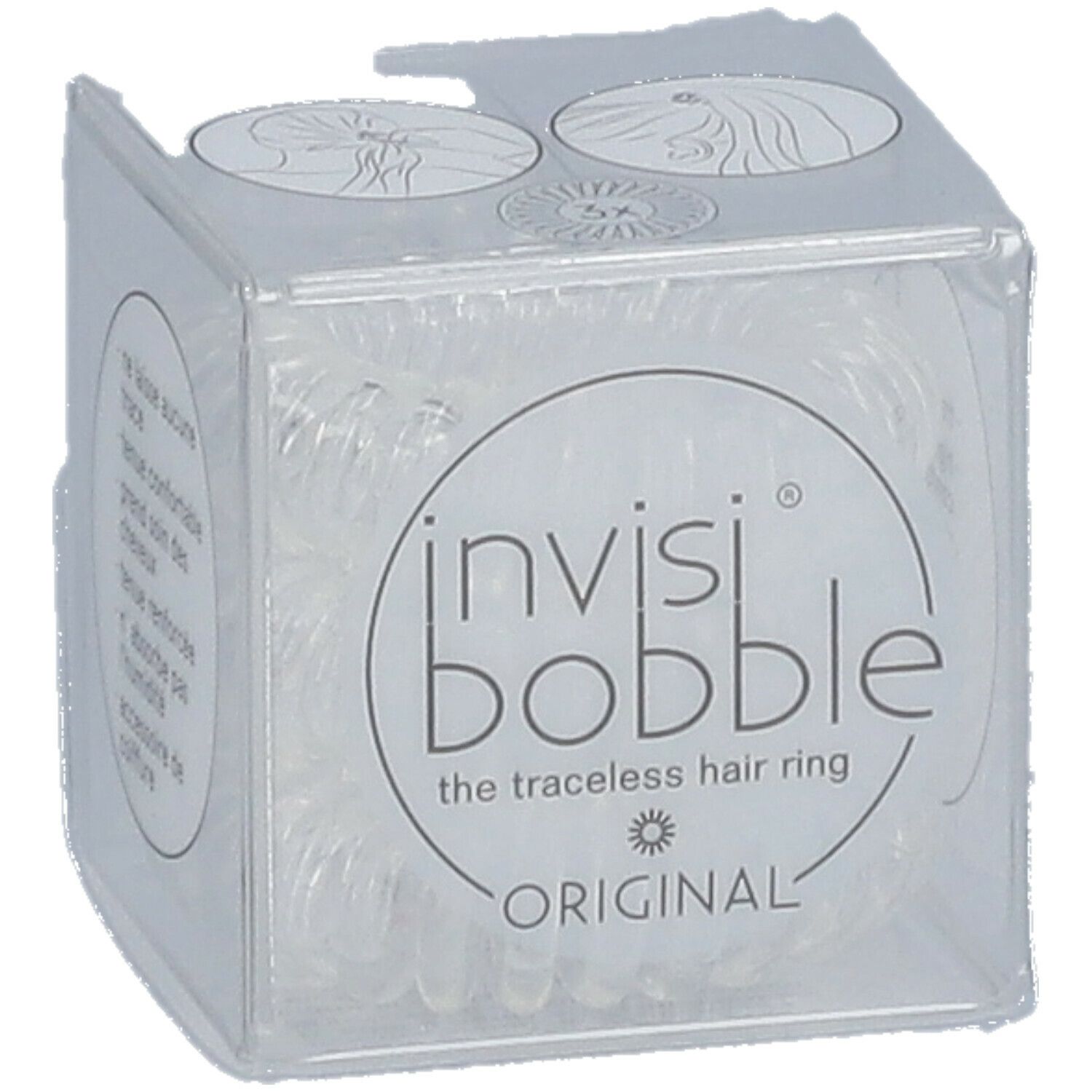 Élastiques à cheveux clairs en spirale dans un emballage cubique transparent. "invisibobble® ORIGINAL" est visible.