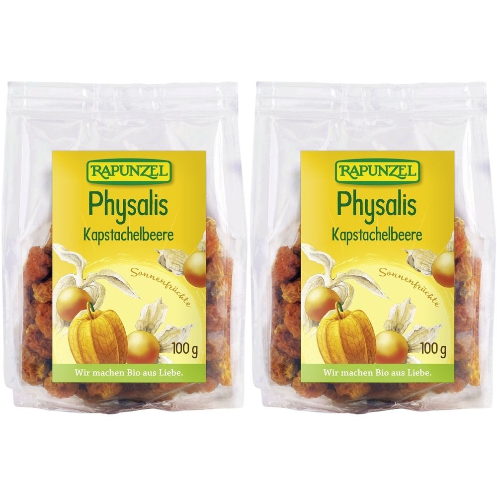 Deux sachets de Physalis RAPUNZEL. Étiquette jaune avec nom du produit, illustrations et indication 100g. Emballage transparent.