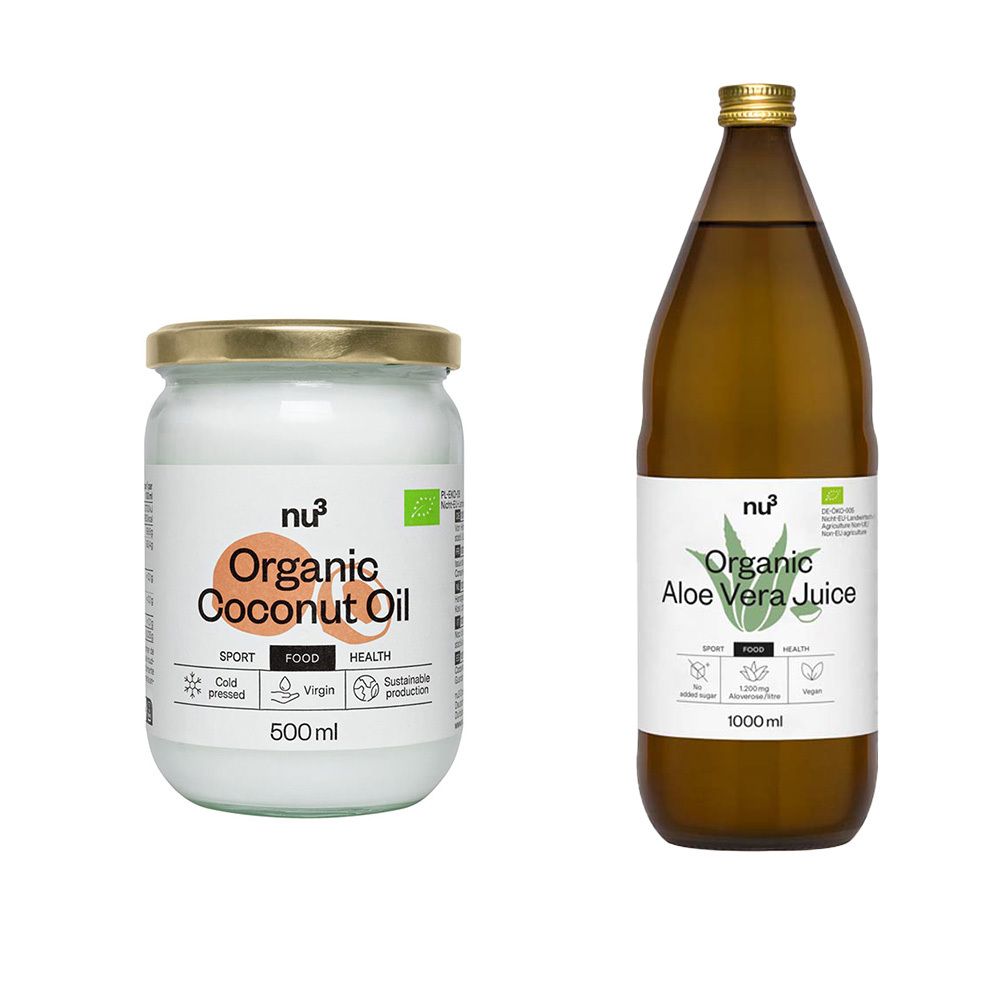 Pot d'huile de coco et bouteille de jus d'aloe vera. Les deux produits portent des étiquettes avec logos et texte. Certification bio.