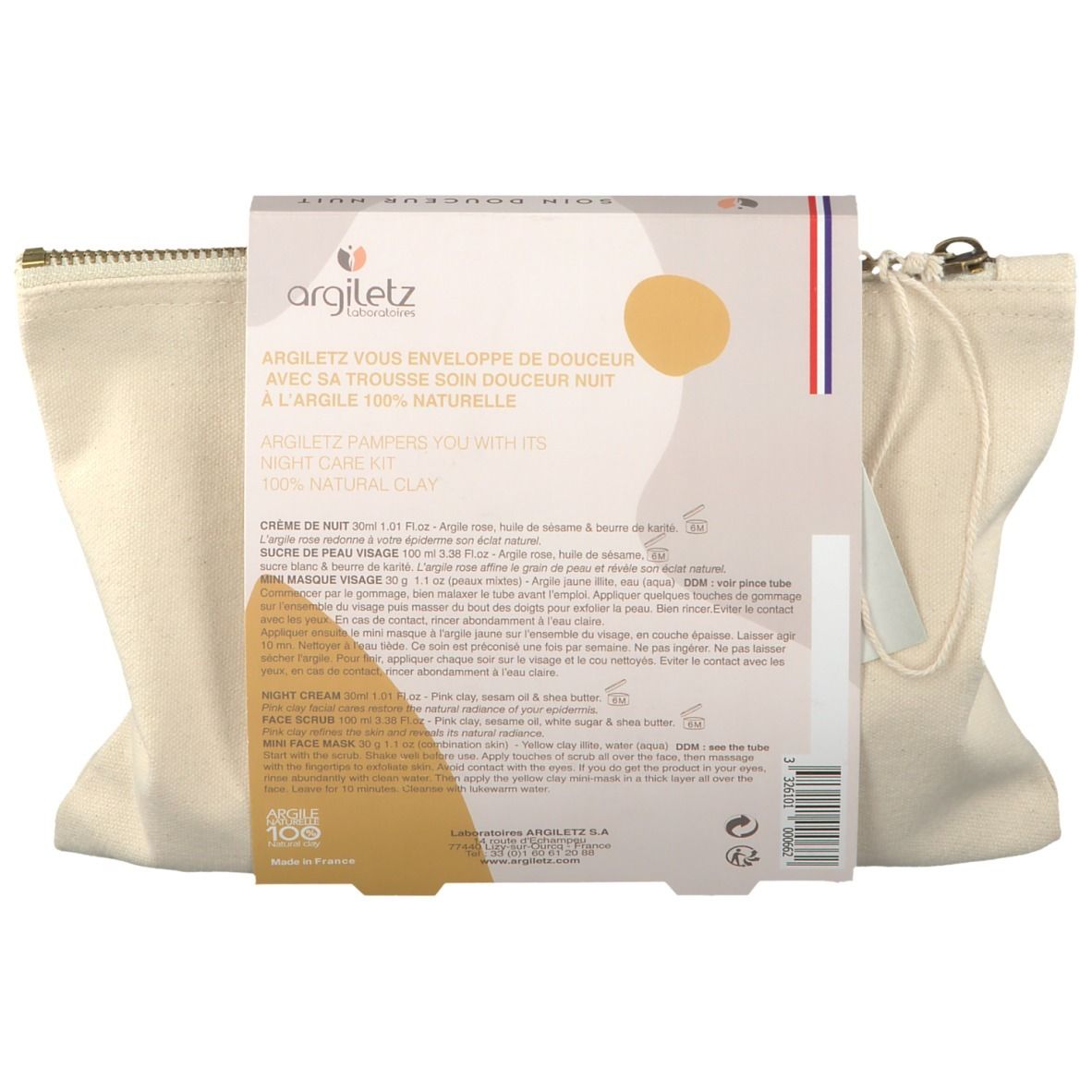 Dos de l'emballage Argiletz avec informations sur le produit. Texte en français. Trousse de toilette beige en arrière-plan.
