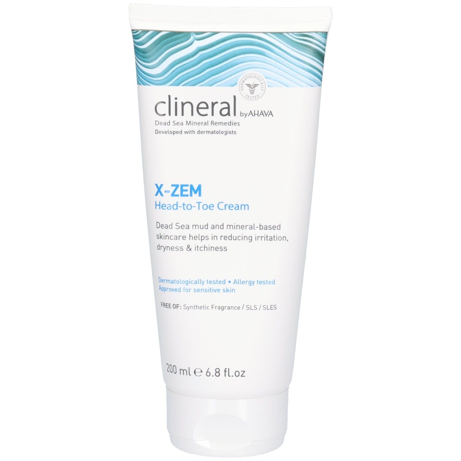 Tube de crème Clineral X-ZEM Head-to-Toe. Blanc, motif vagues bleues. Nom et texte du produit en noir et bleu.