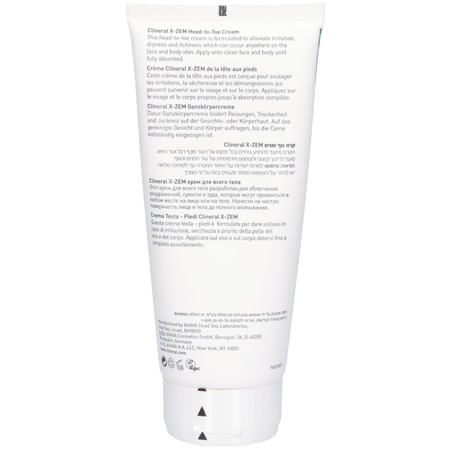 Dos du tube de crème Clineral X-ZEM Head-to-Toe. Texte multilingue, écriture noire sur fond blanc.