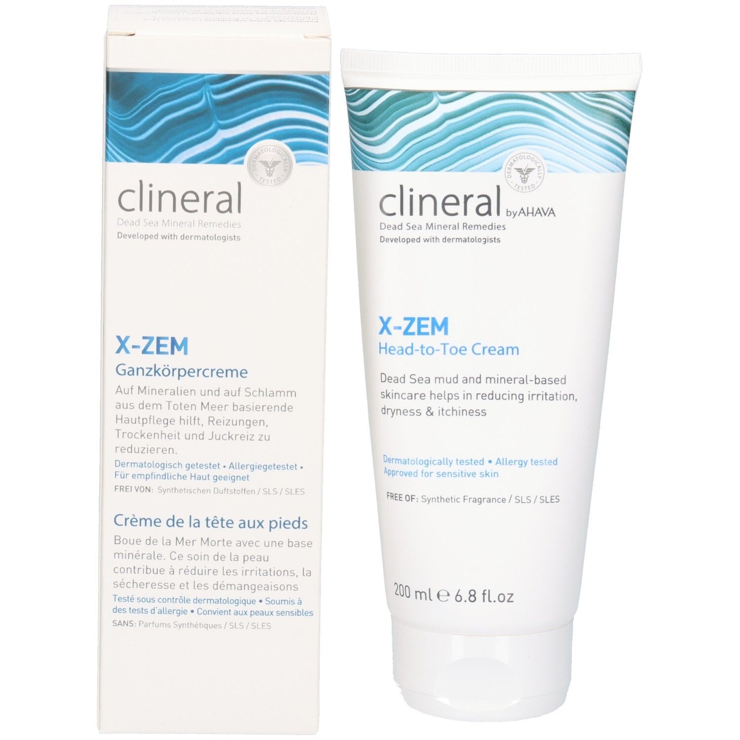 Clineral X-ZEM Head-to-Toe crème et emballage. Blanc, vagues bleues. Nom et texte du produit en noir et bleu.