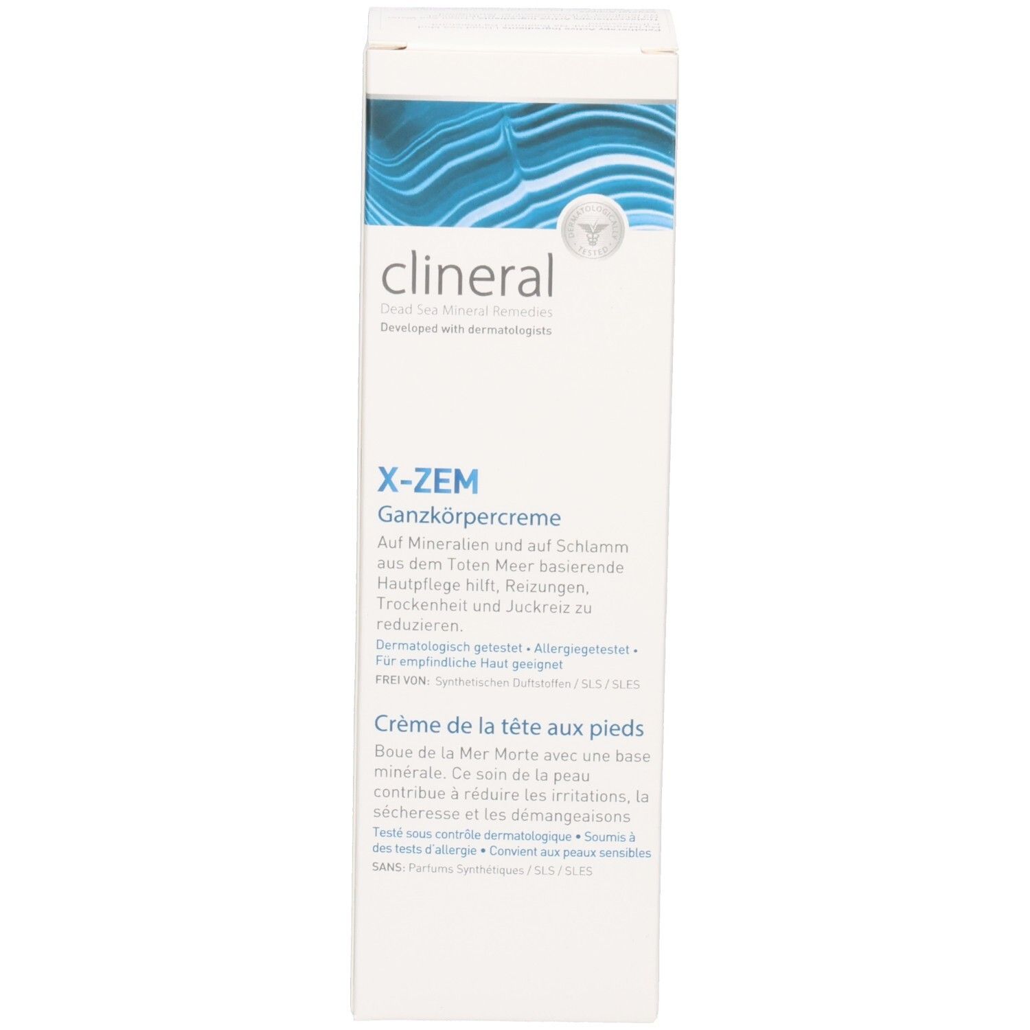 Emballage Clineral X-ZEM Crème corps. Blanc, vagues bleues. Nom et texte du produit en noir et bleu.