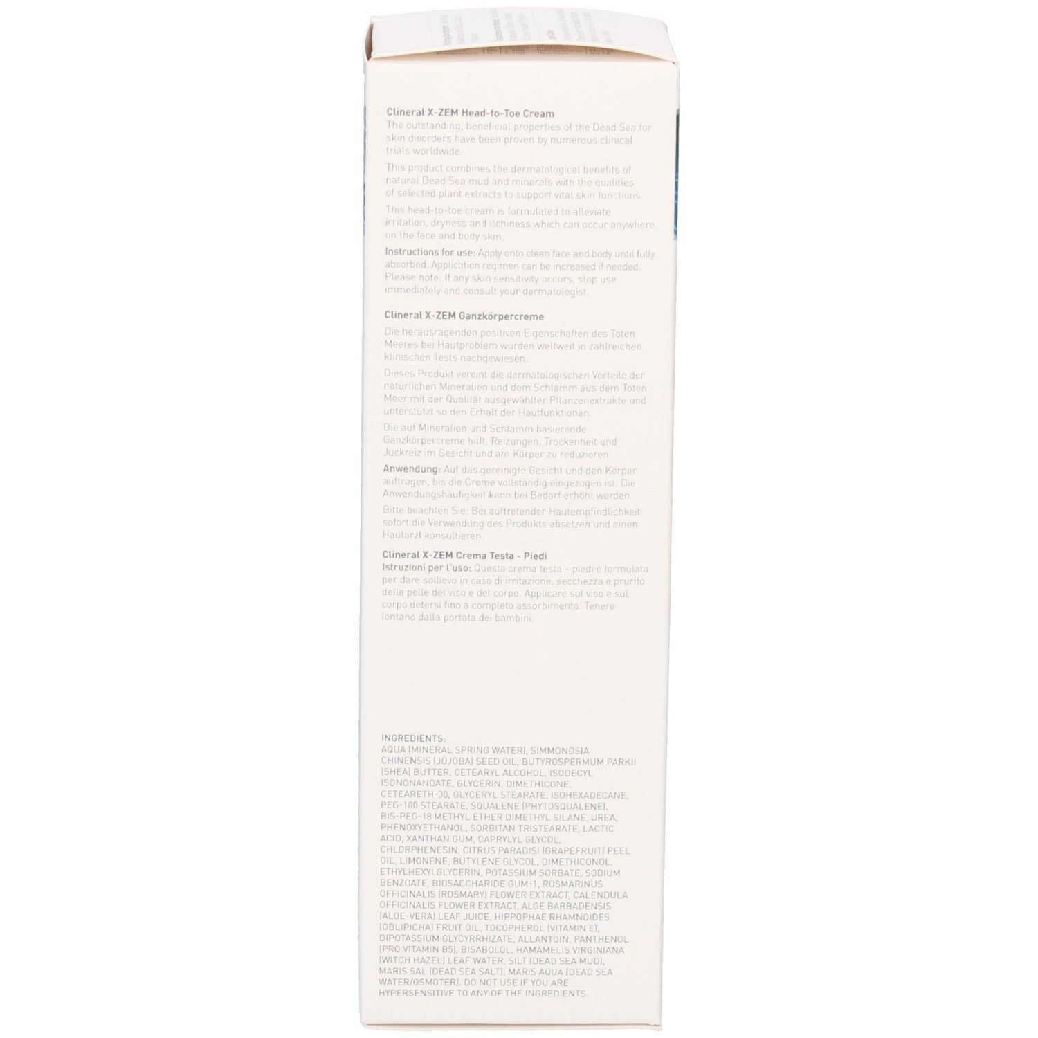 Emballage Clineral X-ZEM Head-to-Toe Crème. Texte multilingue, écriture noire sur fond blanc.