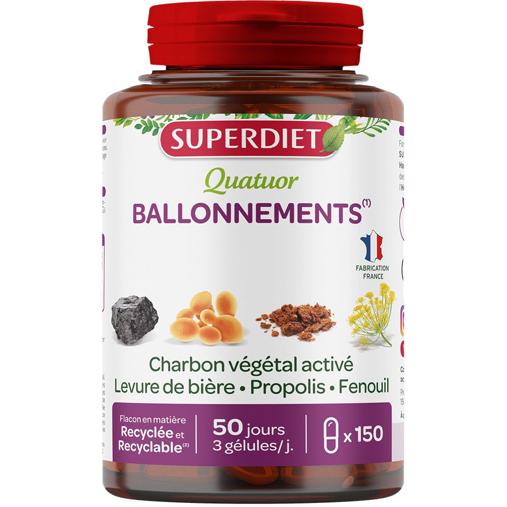 Flacon marron, bouchon rouge. Superdiet Quatuor Ballonnements. 150 gélules. Ingrédients visibles : charbon, levure, propolis, fenouil.