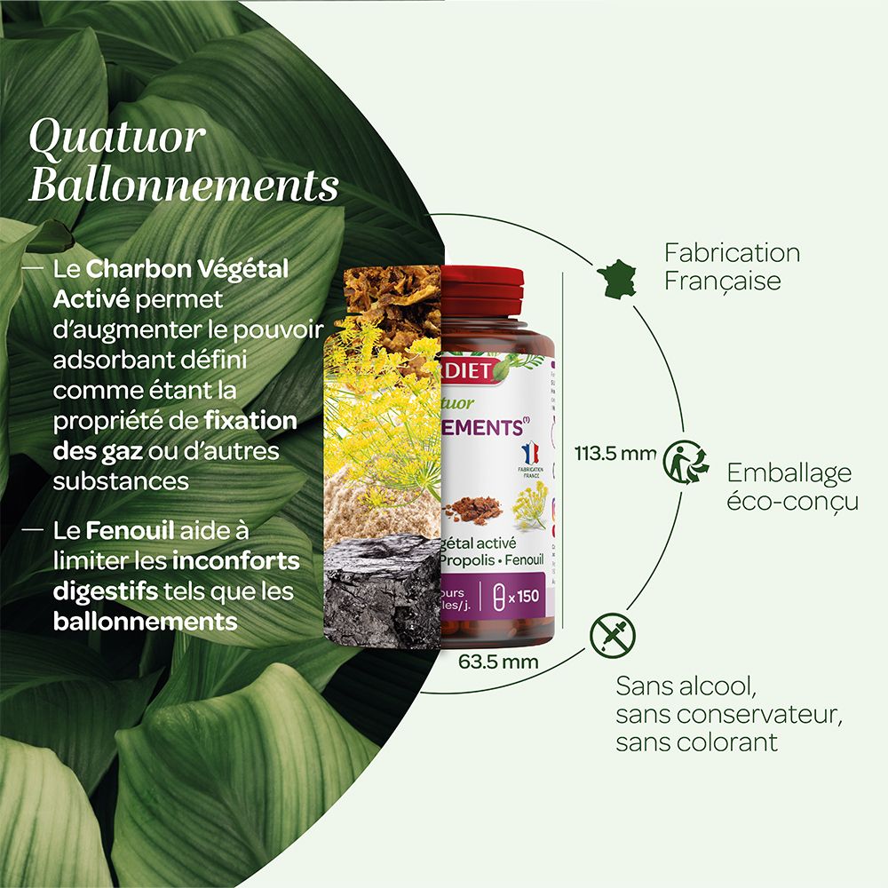 Flacon avec schéma. Dimensions : 113,5 mm de haut, 63,5 mm de large. Texte : Sans alcool, conservateur, colorant.