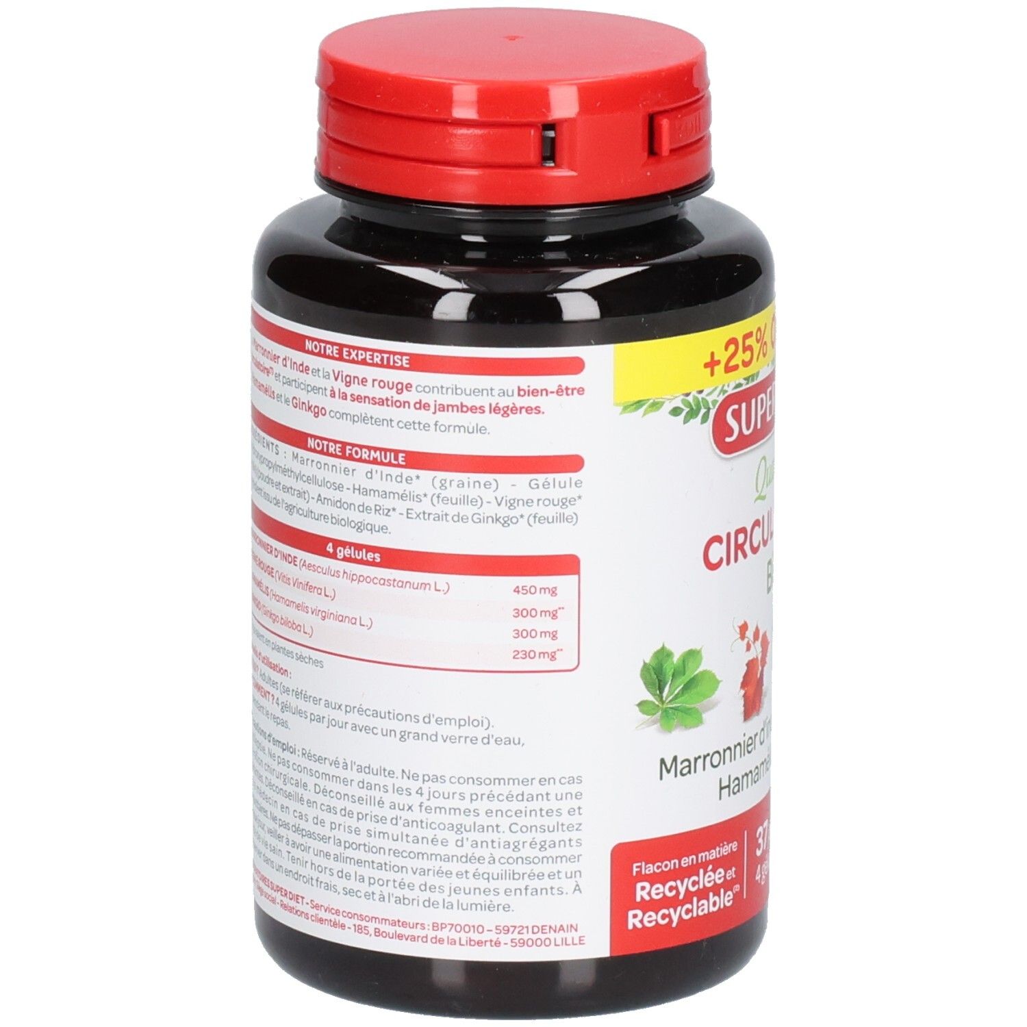 Dos du flacon. Informations sur les ingrédients et le dosage. Texte en français. Contient 150 gélules.