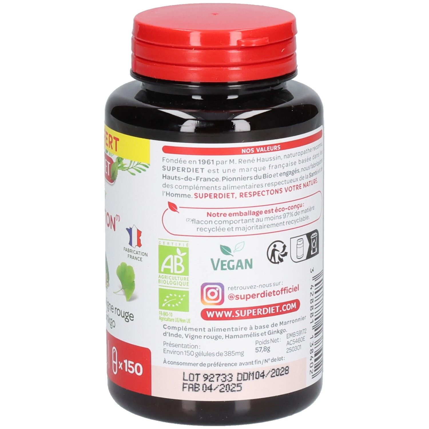 Dos du flacon. Informations sur la marque et les ingrédients. Label Vegan. Code QR et adresse du site web.