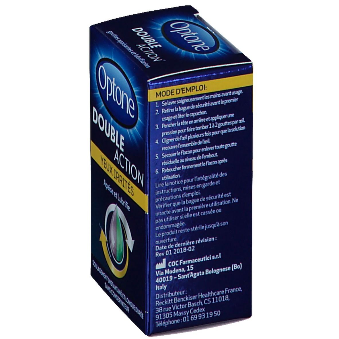 Flacon de gouttes oculaires avec bouchon bleu. Inscription: Optone Double Action. Ingrédients et informations fabricant.