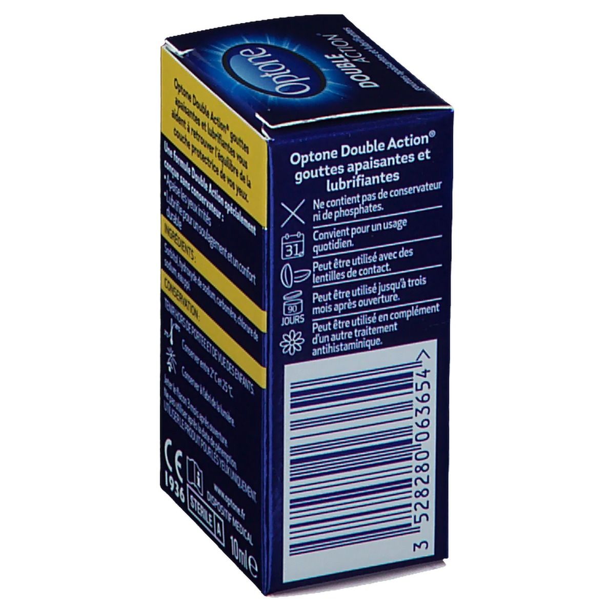 Flacon de gouttes oculaires avec bouchon bleu. Inscription: Optone Double Action, 10ml. Date de péremption et lot.