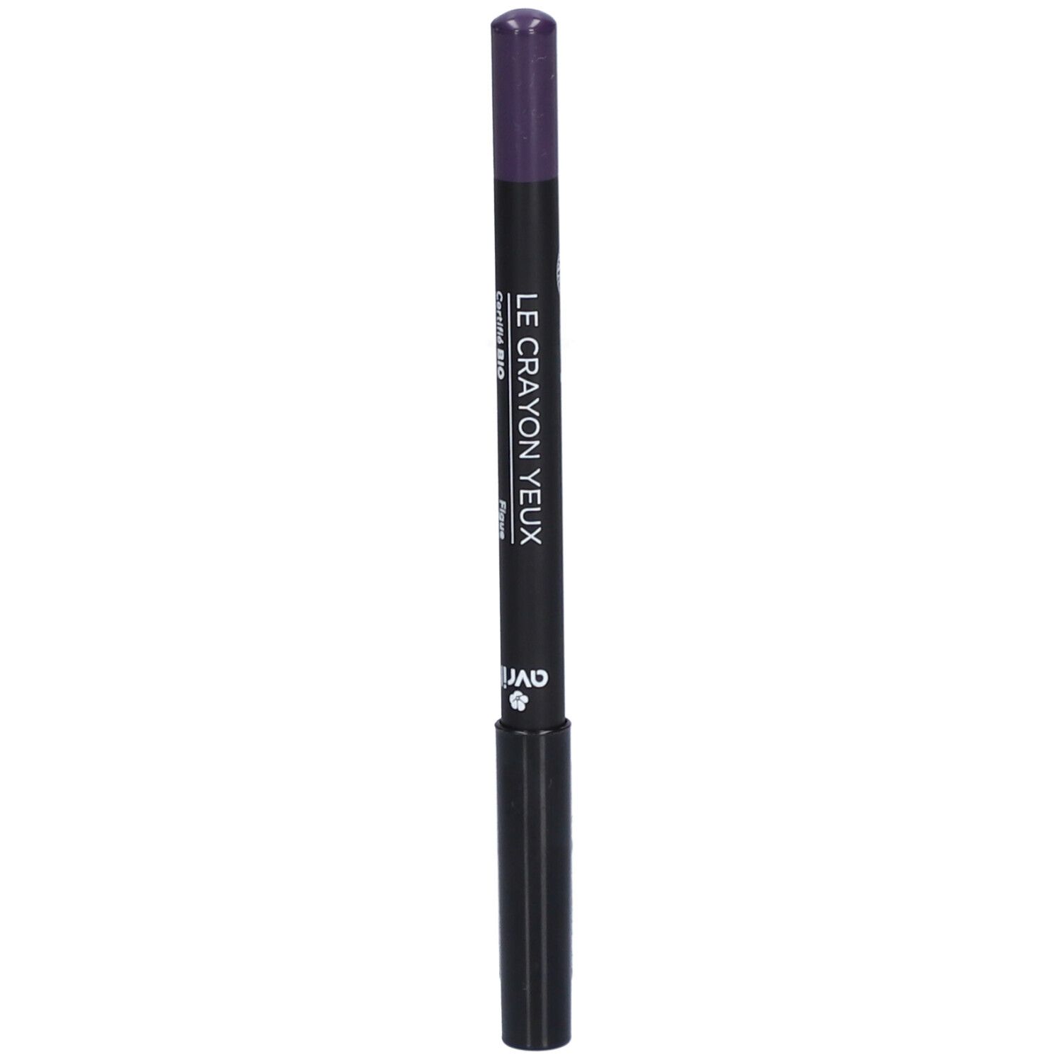Crayon pour les yeux violet foncé. Inscription: Le Crayon Yeux, Certifié Bio, Avril. Crayon noir avec pointe violette.