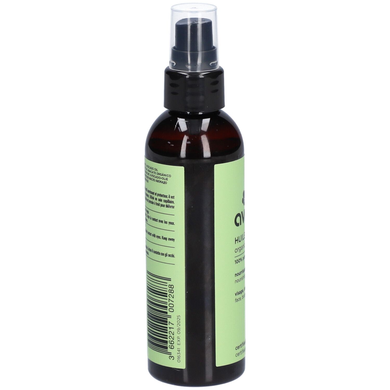 Dos du flacon spray brun avec étiquette verte. Texte en français. Code-barres et date de péremption.