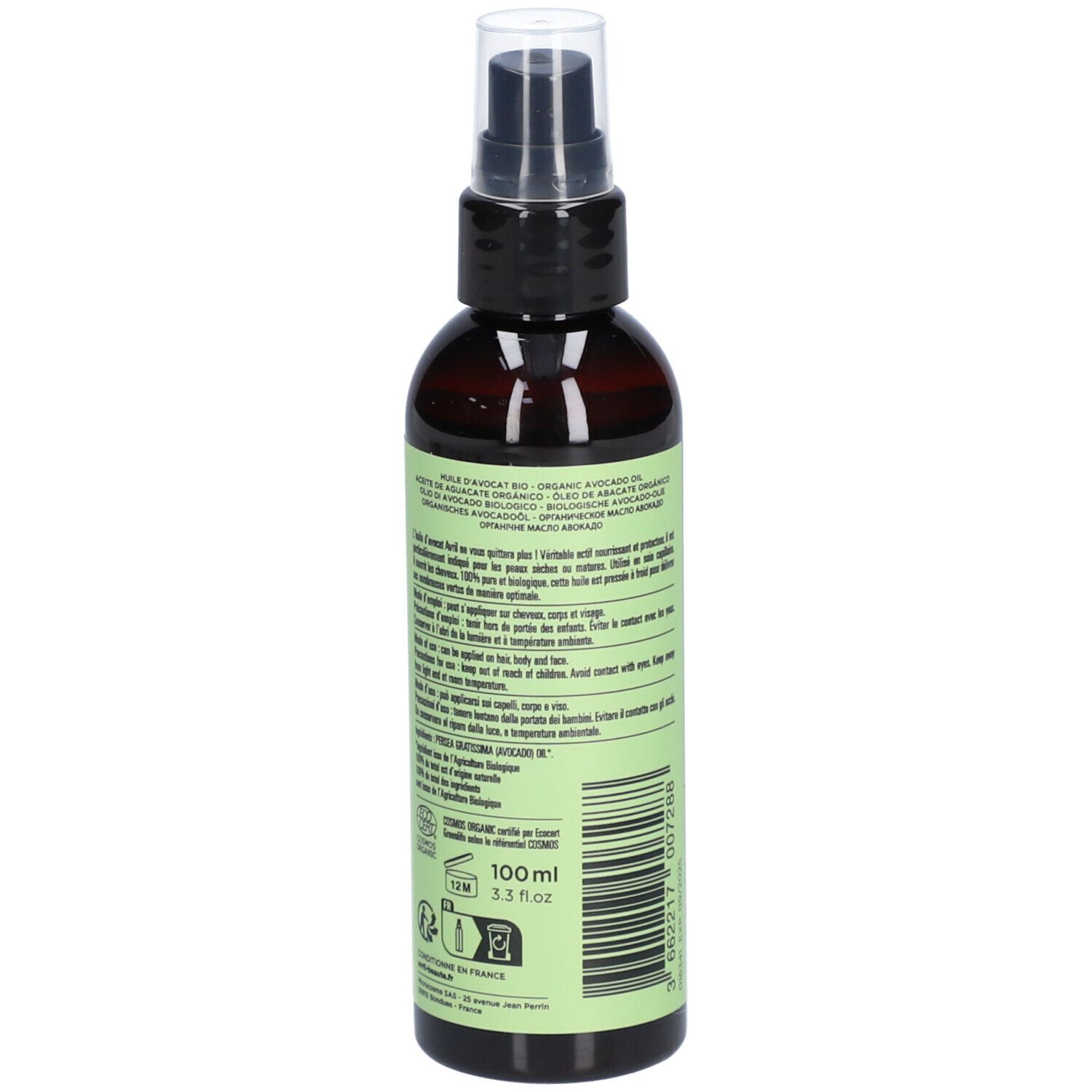 Dos du flacon spray brun avec étiquette verte. Texte multilingue. Certifications et informations.