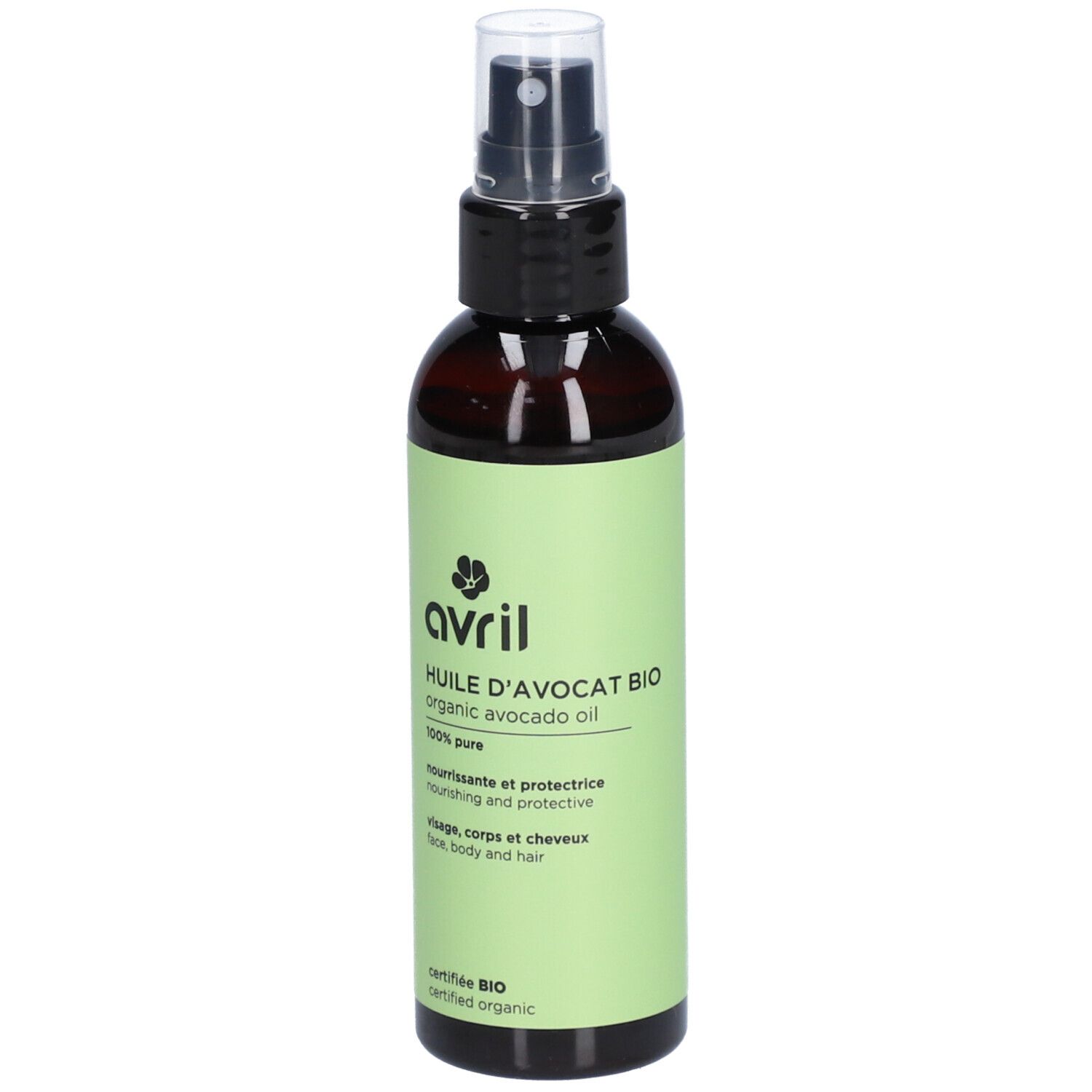 Flacon spray brun avec étiquette verte. Inscription: Avril, Huile d'avocat bio, 100% pure. Certifié Bio.