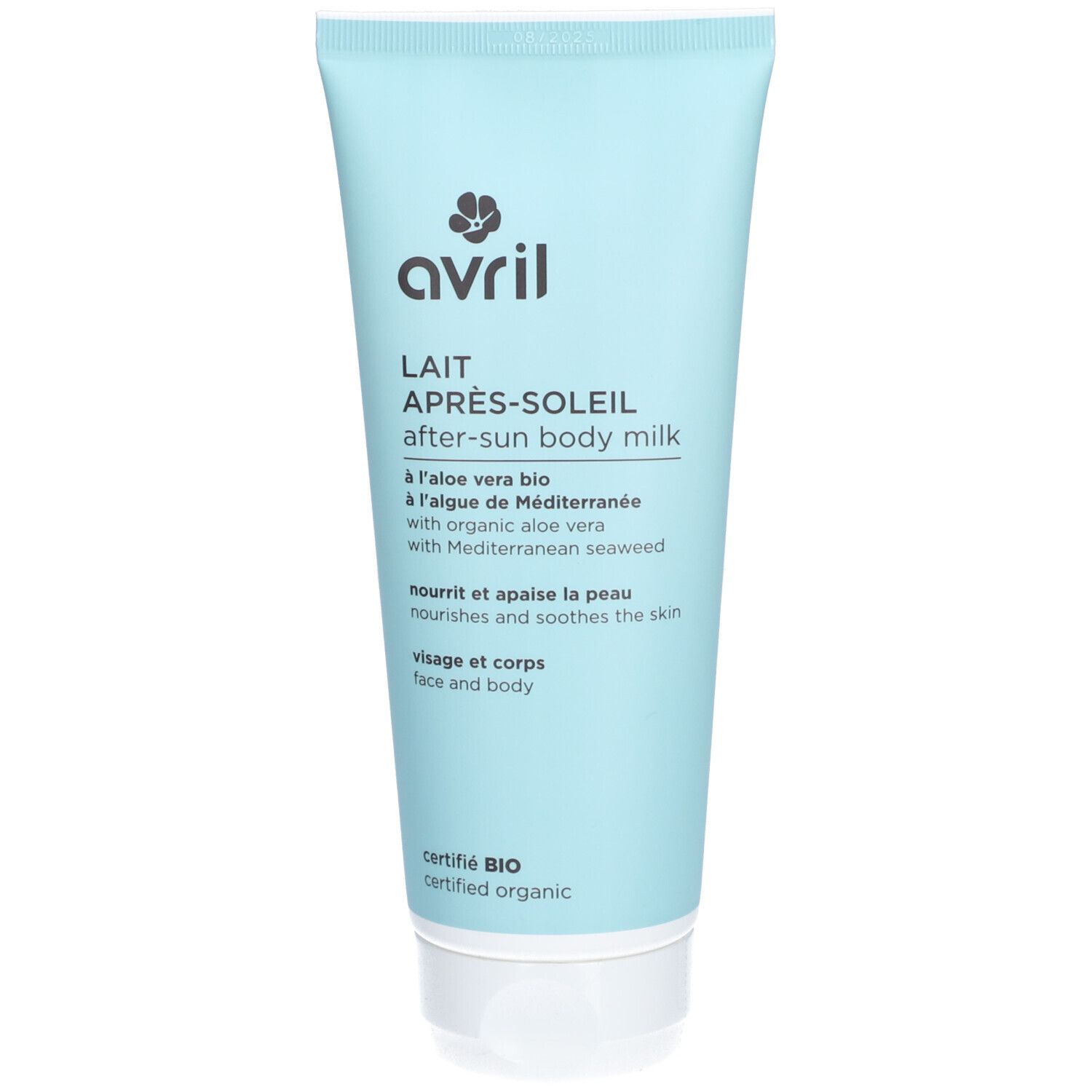 Tube bleu clair avec bouchon blanc. Inscription: AVRIL, Lait après soleil. Certifié BIO. Texte en français et anglais.