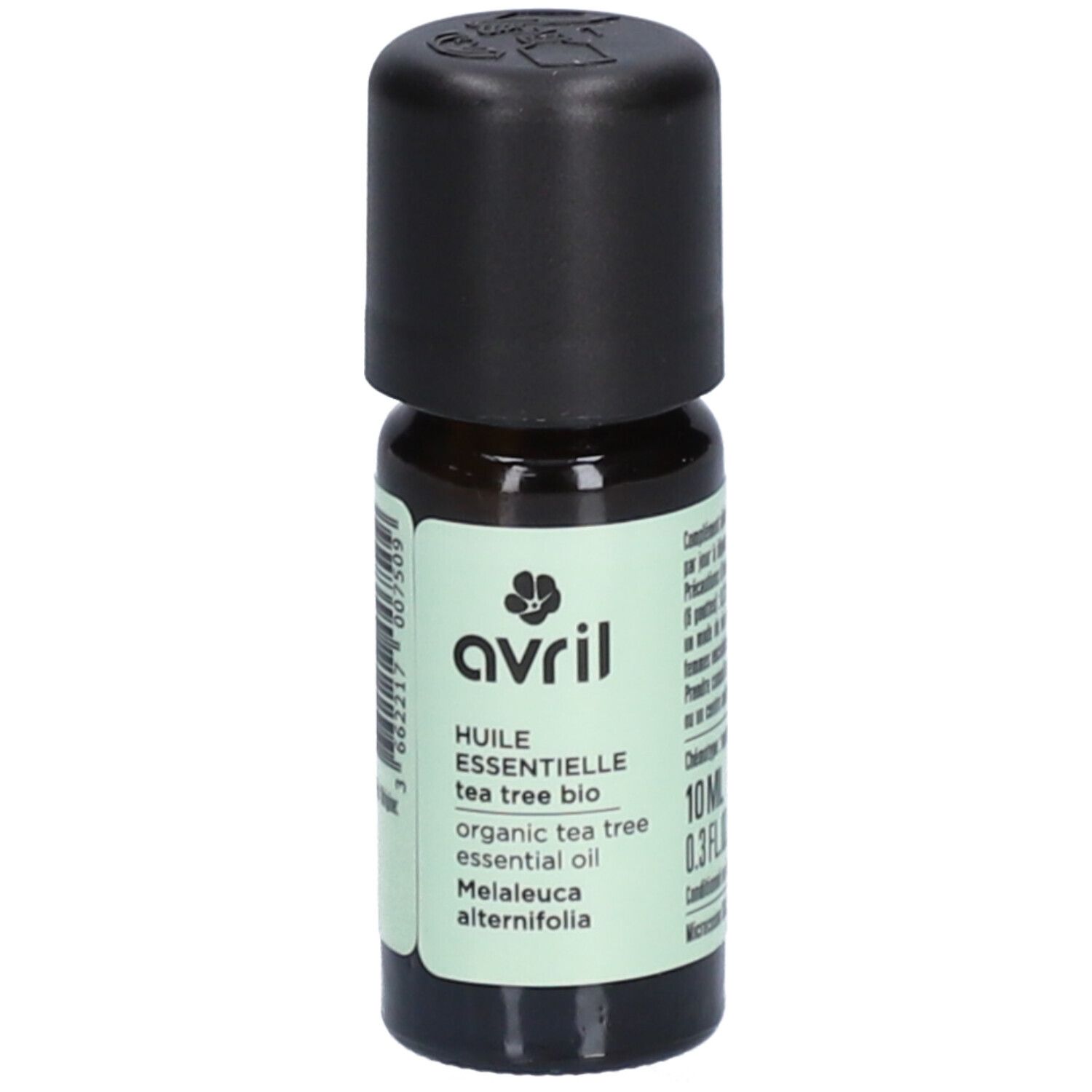 Flacon en verre brun avec bouchon noir. Inscription: avril, Huile essentielle tea tree bio, 10 ml.