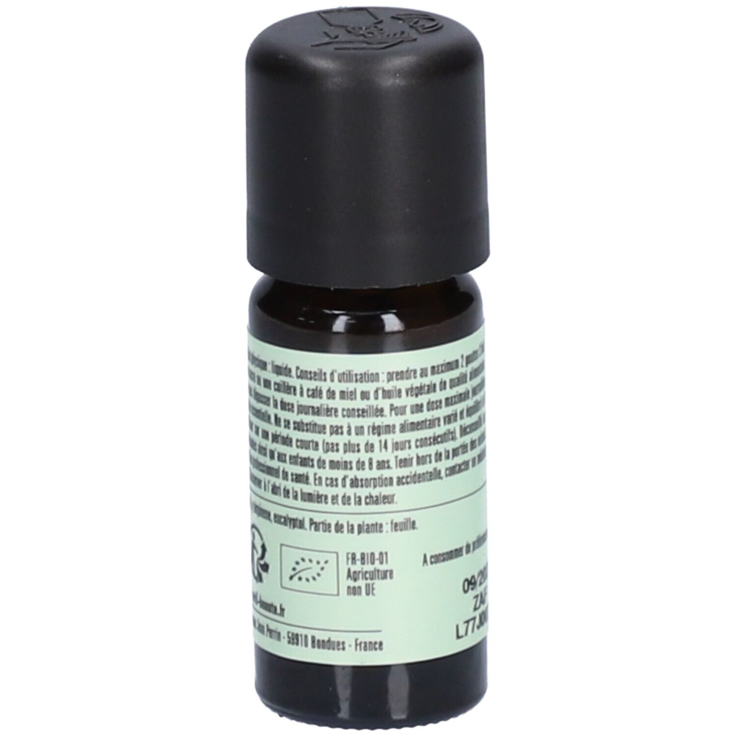 Flacon en verre brun avec bouchon noir. Dos avec texte et label bio.