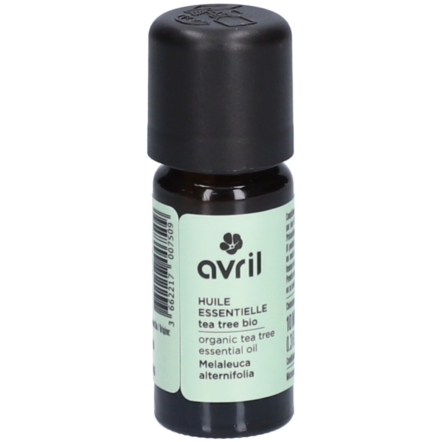 Flacon en verre brun avec bouchon noir. Inscription: avril, Huile essentielle tea tree bio, 10 ml.