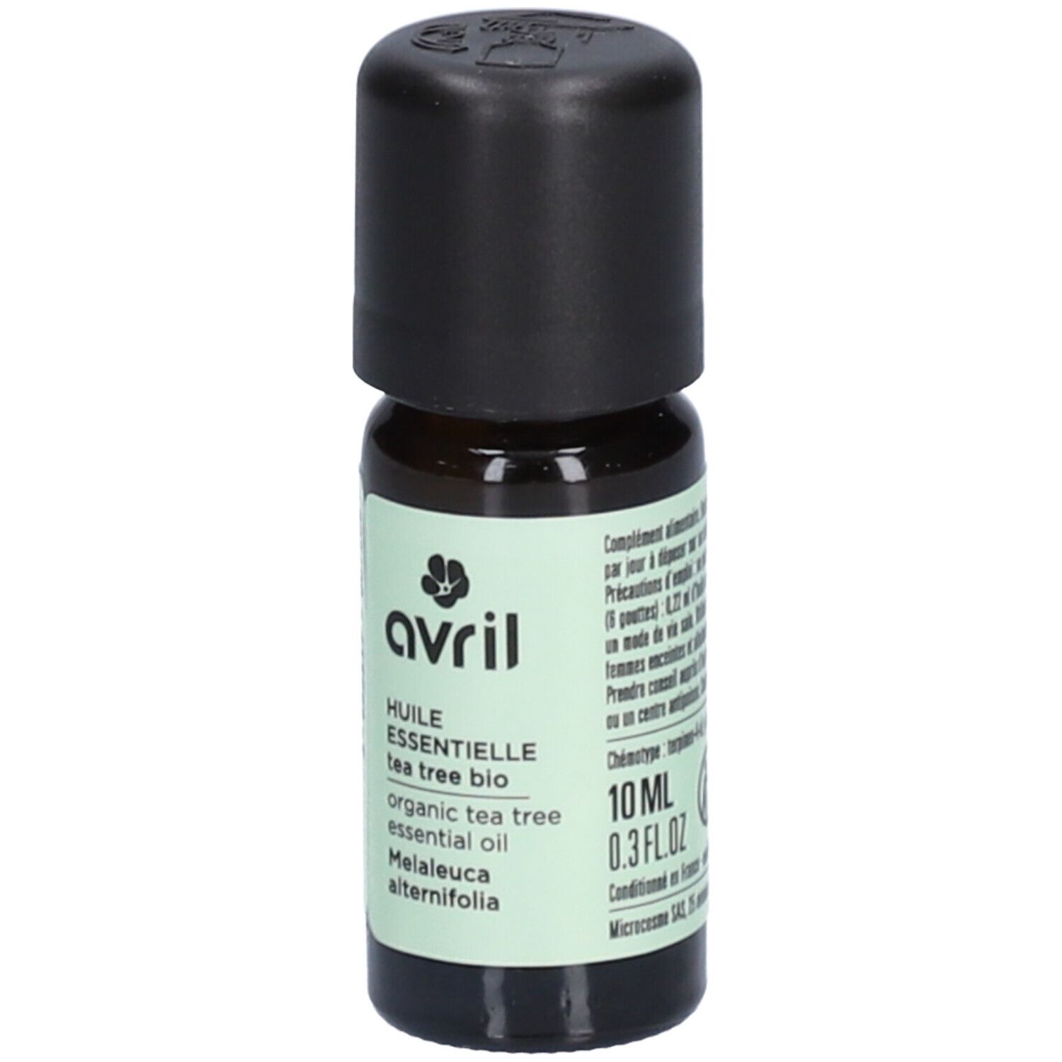 Flacon en verre brun avec bouchon noir. Inscription: avril, Huile essentielle tea tree bio, 10 ml.